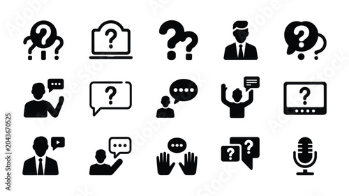 Konstfotografi Set of 15 Black Question Mark and Communication Glyph Icons Vector