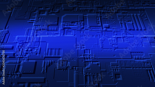 A technological background of thousands of glowing dots forms a complex circuit and electronic components reminiscent of a microchip or circuit board.