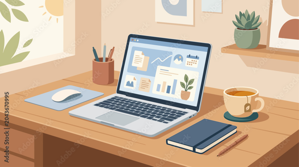 Fototapeta premium A flat design illustration depicting a calm minimalist office desk with an open laptop and a stylized cup of tea.