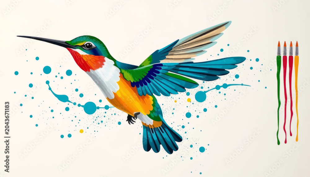 Fototapeta premium A small ruby-throated hummingbird with vibrant green feathers hovers in flight near a tropical flower to sip nectar with its long beak