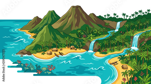 Mountain range with tropical island beach.