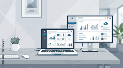 An eye-level flat design illustration of a dual monitor setup on a minimalist desk, featuring an open laptop connected to an external monitor.