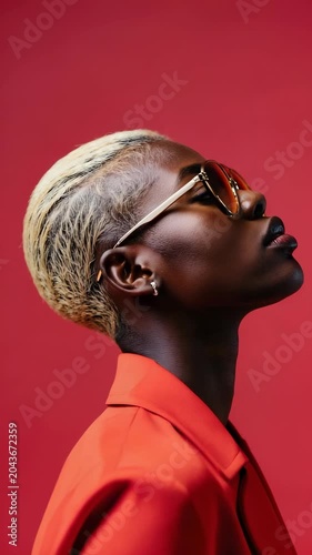 Confident portrait of a stylish Black model with platinum bleached hair and sunglasses, looking up against a striking solid red studio background, capturing modern fashion beauty.