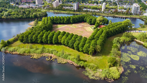 Aerial drone view of five pointed star shaped park Pettelaarse Schans, Netherlands, May 14, 2026
