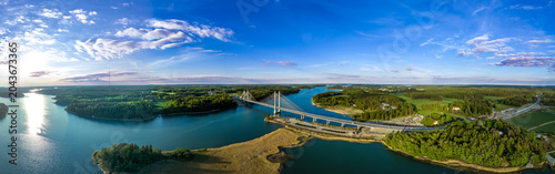 Quadro su tela "Aerial Panorama of Kirjalansalmi Bridge and Finnish Archipelago at Golden Hour