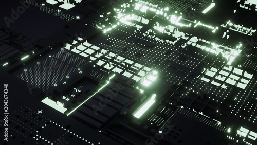 A close-up of a high-tech printed circuit board with bright neon lights. The complexity of modern electronics and microchip architecture. Innovation, data processing speed, and computing technologies.