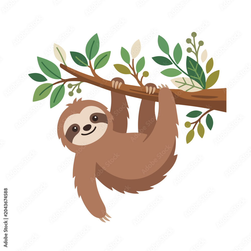 Fototapeta premium Cute baby sloth hanging from a tree branch. Flat design cartoon animal illustration. Vector graphic isolated on white background