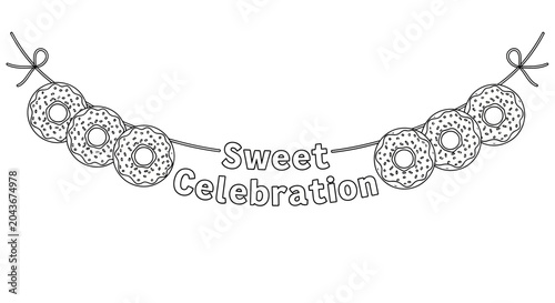 Tableau sur toile A black and white line art illustration of a donut garland with the text Sweet Celebration