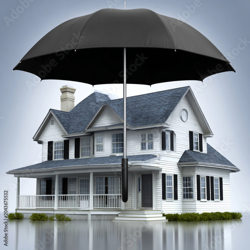 Large Black Umbrella Protecting Suburb House From Rain Water Reflection