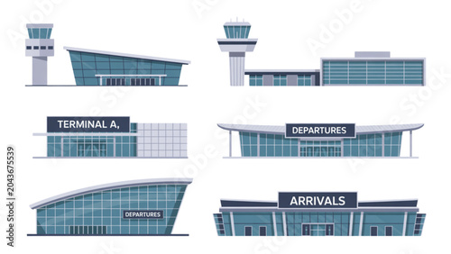 Modern colorful flat icons of office buildings with different styles and perspectives Vector