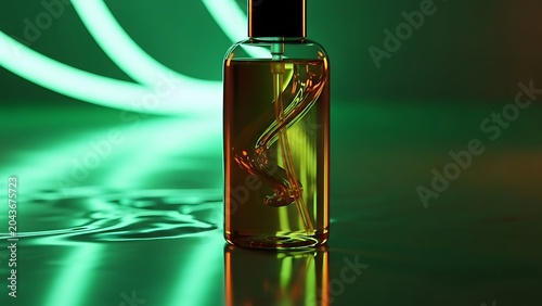 Golden liquid pouring into glass bottle with green bokeh light reflections