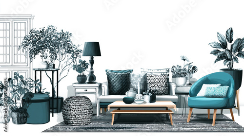 Cozy Teal Living Room Interior Design Concept Sketch with Sofa Armchair Houseplants and Coffee Table Flat Illustration