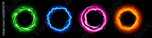 Obraz na płótnie Light neon circle portal on dark background with magical glow effect