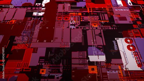 A close-up of a high-tech printed circuit board with bright neon lights. The complexity of modern electronics and microchip architecture. Innovation, data processing speed, and computing technologies.