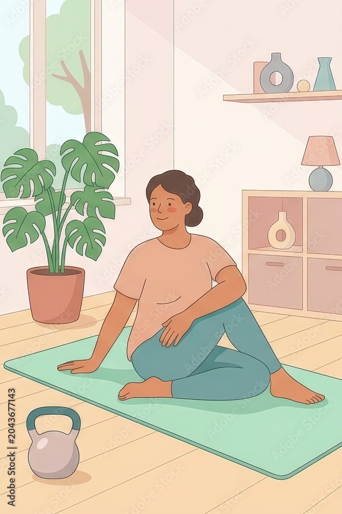 Obraz premium Woman practicing yoga and stretching on mat in cozy home interior