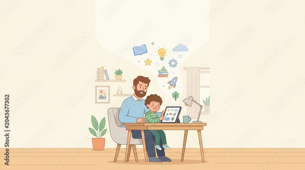 Fototapeta premium Father and son learning together on tablet at home