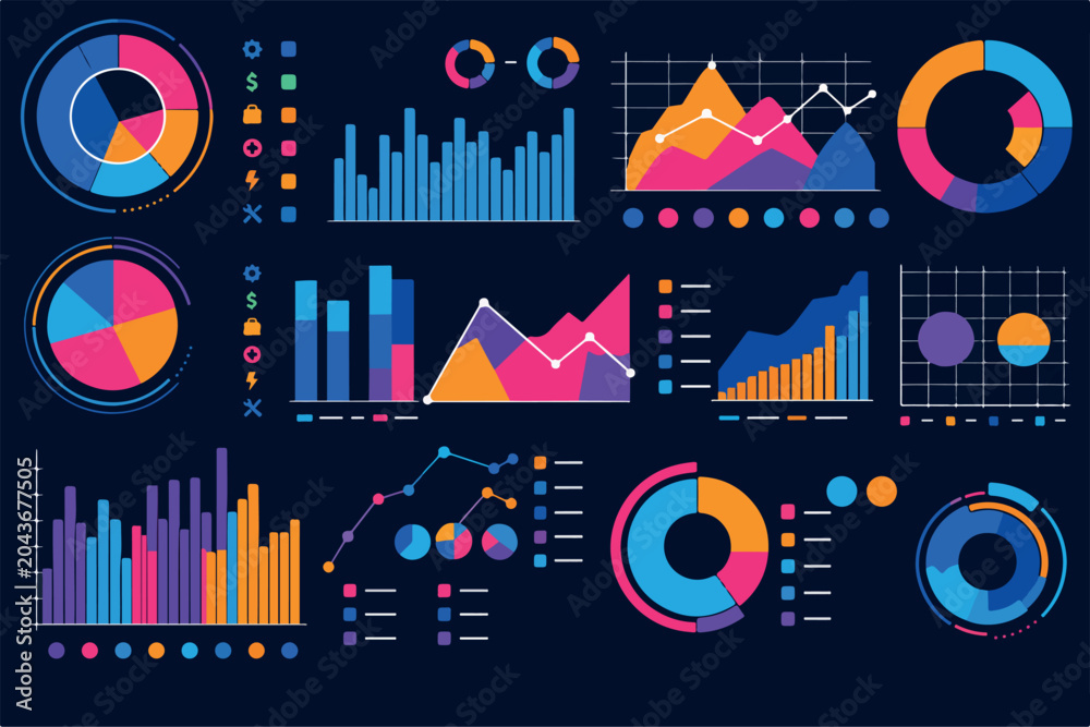 Obraz premium Neon Data Analytics Infographic Vector Pack with Financial Charts Dashboard UI and Statistics Elements. Infographic with graph and chart on abstract background