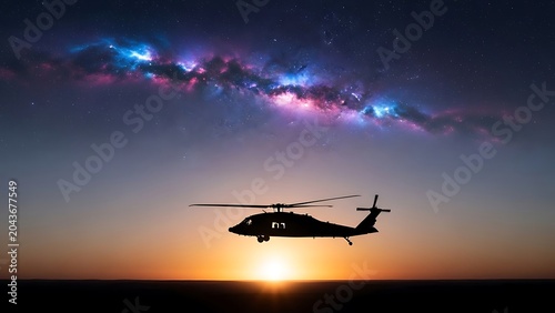 Military Helicopter Flying at Sunset Over Cloudy Sky with Aurora Lights