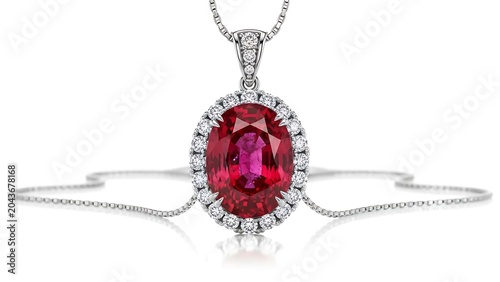 Elegant red gemstone necklace with sparkling silver chain on white background