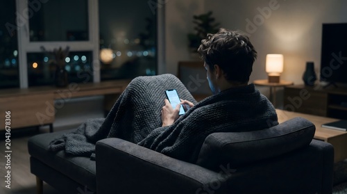 Mental health and digital fatigue with young adult scrolling on mobile phone screen in modern dimly lit room