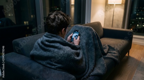 Sad young adult checking social media on smartphone late night experiencing digital fatigue stress and loneliness