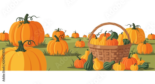 Schilderij op canvas A vibrant pumpkin patch featuring a woven basket filled with harvested gourds and squash