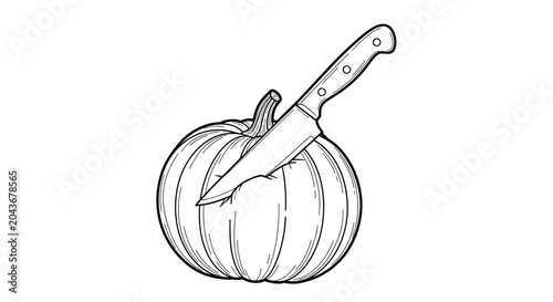 A black and white line art illustration of a pumpkin being sliced by a kitchen knife.