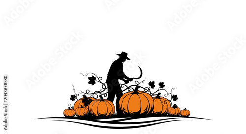Foto Silhouette of a farmer harvesting pumpkins with a sickle in a field