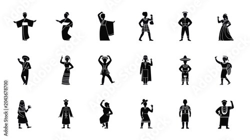 Foto Set of 20 International Traditional Costume People Black Silhouette Icons Vector