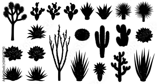 Tableau sur toile Desert Succulent and Joshua Tree Silhouette Set with Prickly Pear Agave and Sout