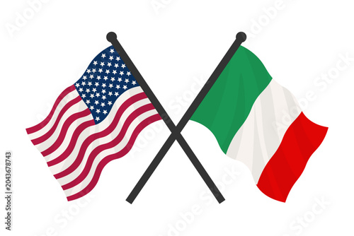 USA and Italy crossed flags. American and Italian flags waving on flagpoles, symbolizing partnership and diplomacy.
