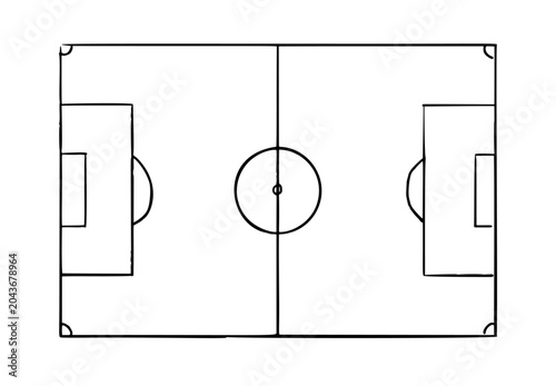 Soccer field outline, hand drawn black line art pitch. Sport football court doodle sketch, top view ground graphic.