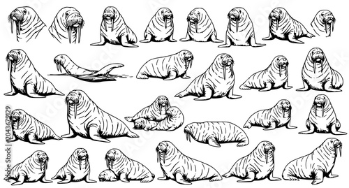 Bild auf Leinwand Walrus Hand Drawn Vector Set with Black and White Arctic Animal Illustrations