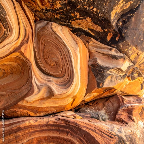 A close-up of layered, swirling rock formations in shades of orange and brown