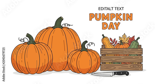 Hand drawn illustration of pumpkins and a wooden crate for Pumpkin Day.
