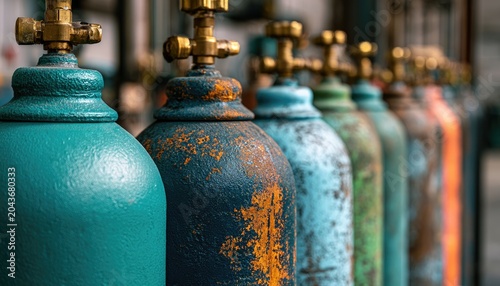 Row of colorful, weathered gas cylinders with brass valves