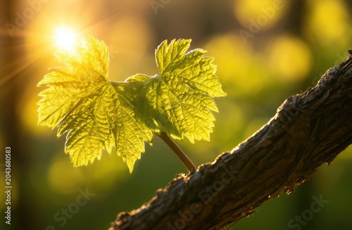 Sunlit young green leaves emerge from a weathered vine branch