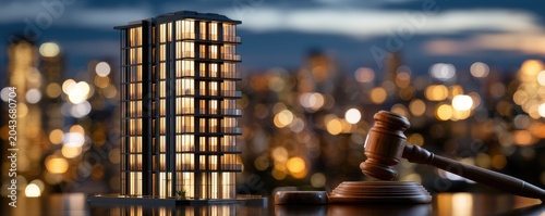Building model and gavel against blurred cityscape at dusk