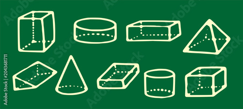 Hand drawn 3d geometry shapes pack displaying comprehensive collection of three dimensional mathematical measurement diagrams for school education textbook template isolated clip art.