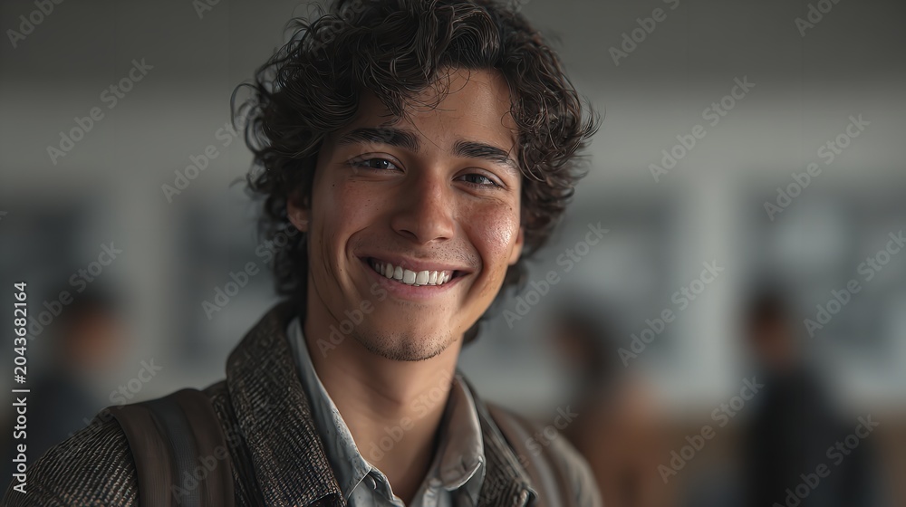 Fototapeta premium A confident handsome young African American man with a casual smile poses for a close-up portrait expressing youth and happiness