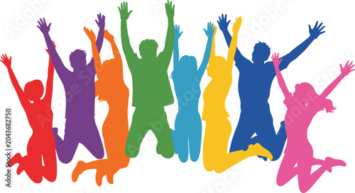 Happy jumping people colorful silhouette vector illustration with group of friends celebrating togetherness