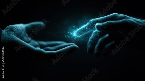 Ethereal Connection: Glowing Blue Network Uniting Hands in Dark, Futuristic Embrace for Technology and Unity Themes