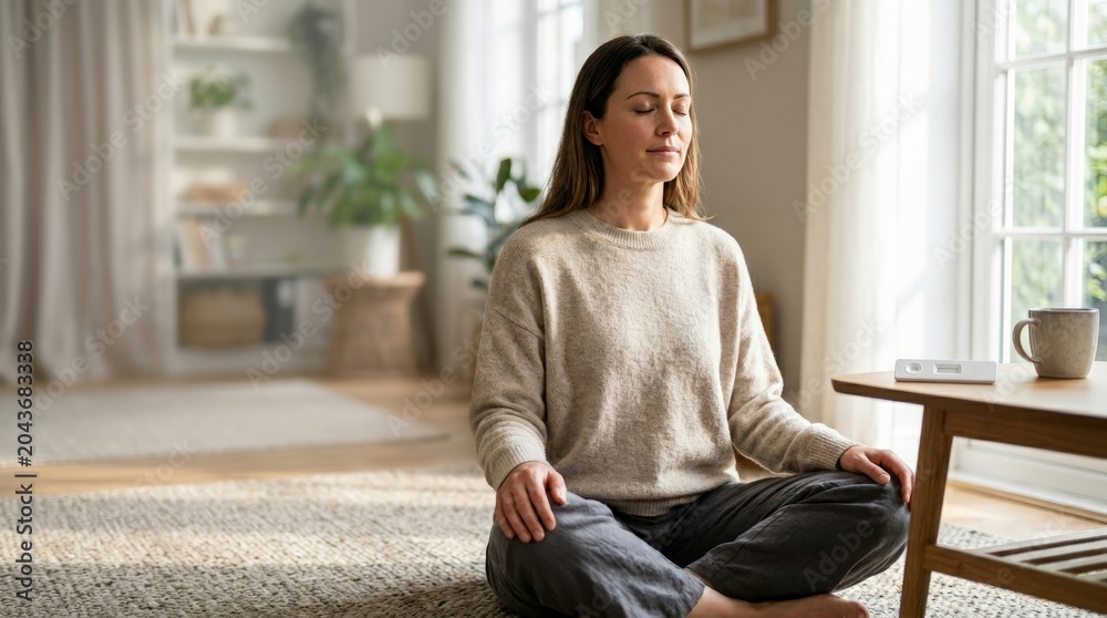 Fototapeta premium Woman practicing slow breathing meditation in sunlit living room