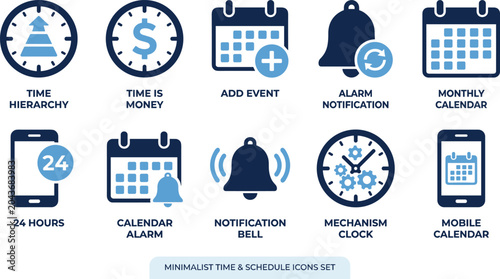 Foto Minimalist time and schedule icons set with clocks calendars and notification bells for planning