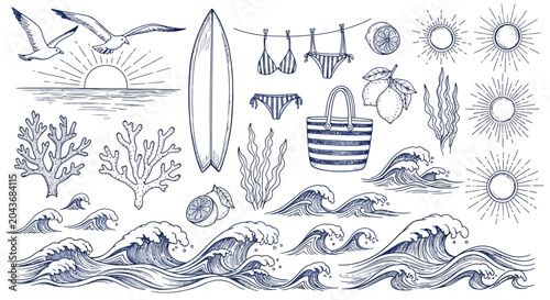 Hand drawn summer beach elements collection.