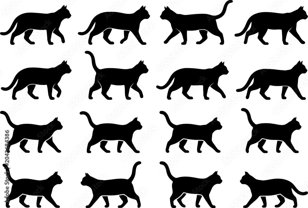 Obraz premium Set of walking cat silhouettes demonstrating fluid movement for pet related branding