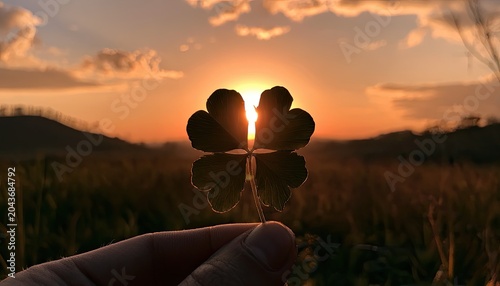 Four-leaf clover backlit by a vibrant golden sunset over rolling hills