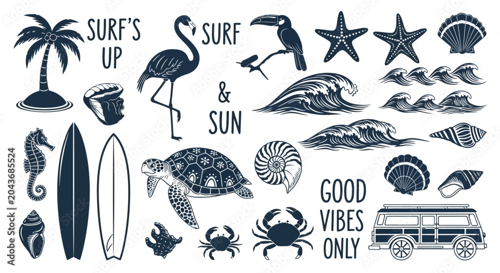 Obraz premium Set of hand drawn summer beach icons and nautical elements.