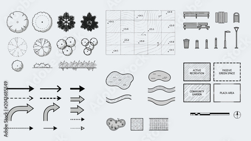 Architectural Site Analysis Diagram Kit and Landscape Master Plan Line Art Set with Urban Planning Symbols and Topographic Grid