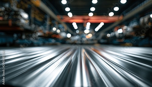 Industrial facility with motion blur, highlighting metallic surfaces and overhead lighting